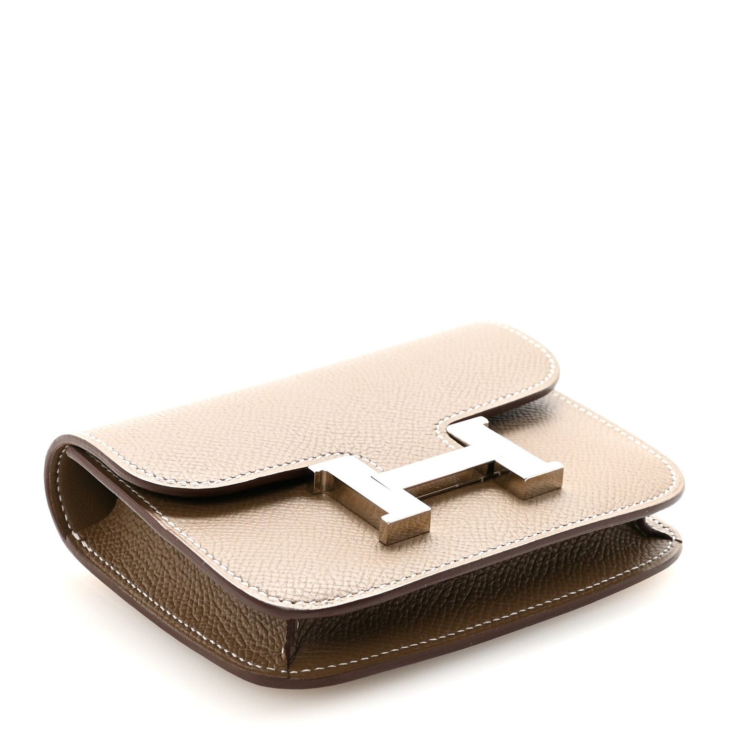 Hermes Constance slim wallet, fold-over flap with gold-tone H clasp in textured brown leather