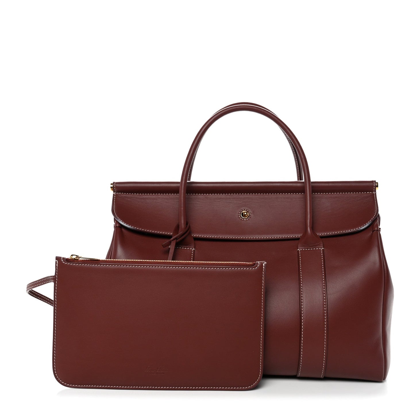 Calfskin loom bag with front pouch panel, dark brown, top handles and flap