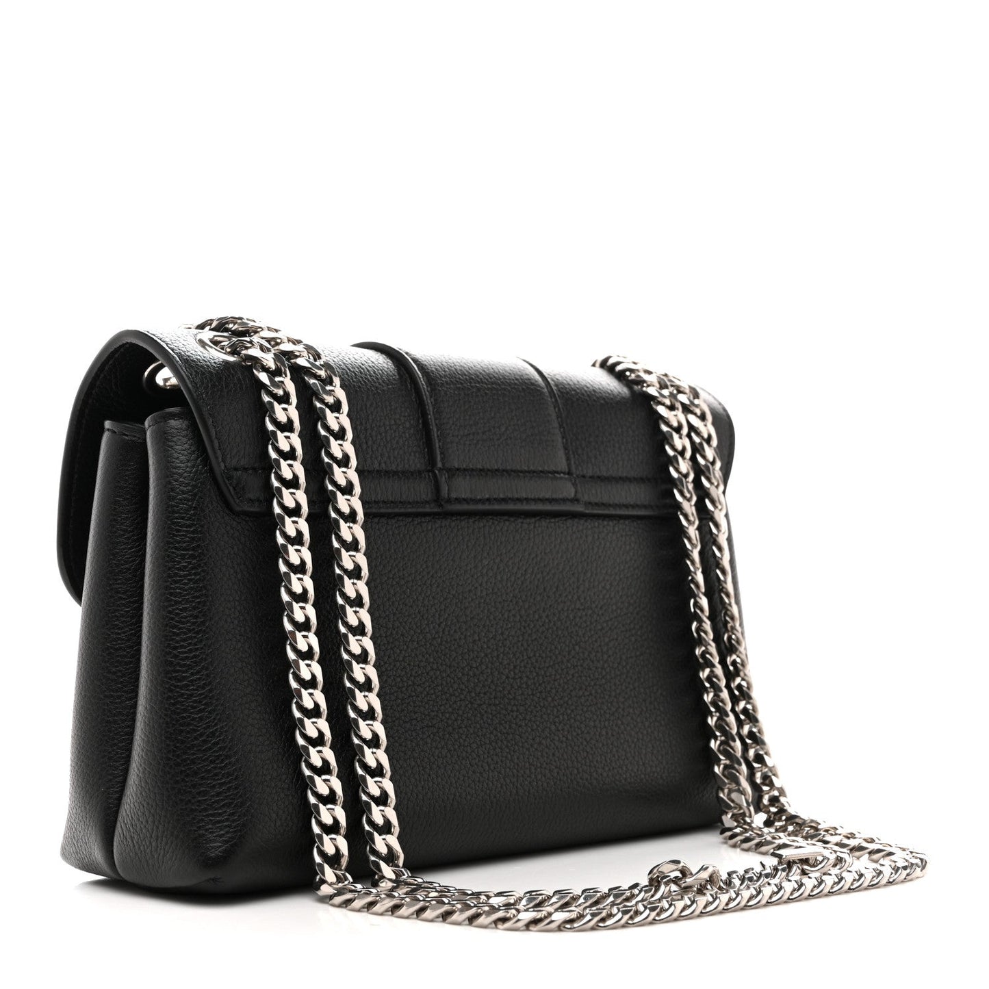 Black leather shoulder bag with front flap, chain strap, and silver clasp