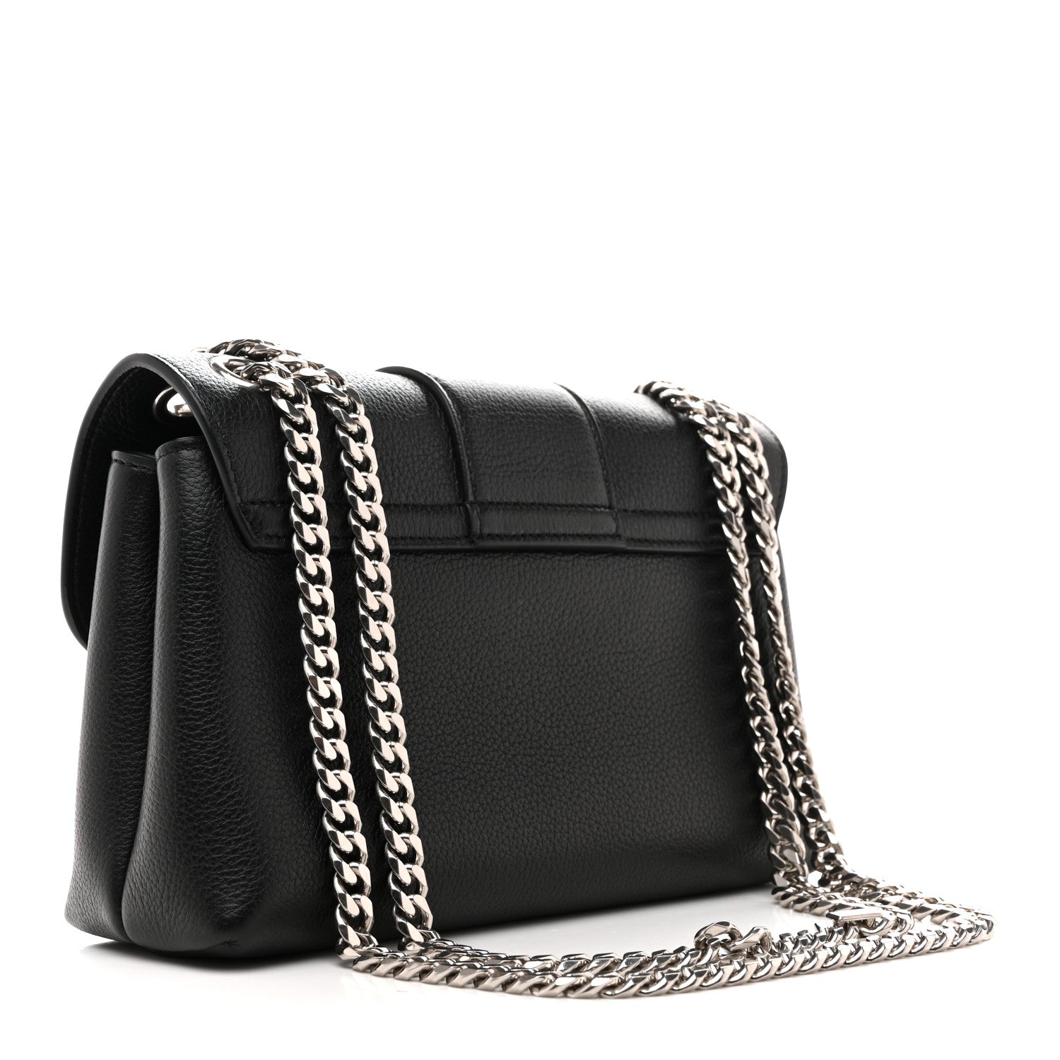 Black leather shoulder bag with front flap, chain strap, and silver clasp