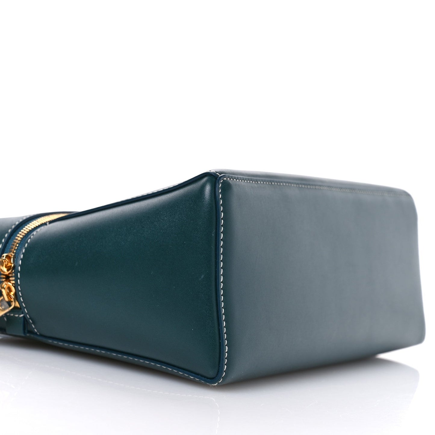 Petrolio teal leather satchel bag side view with gold zipper hardware