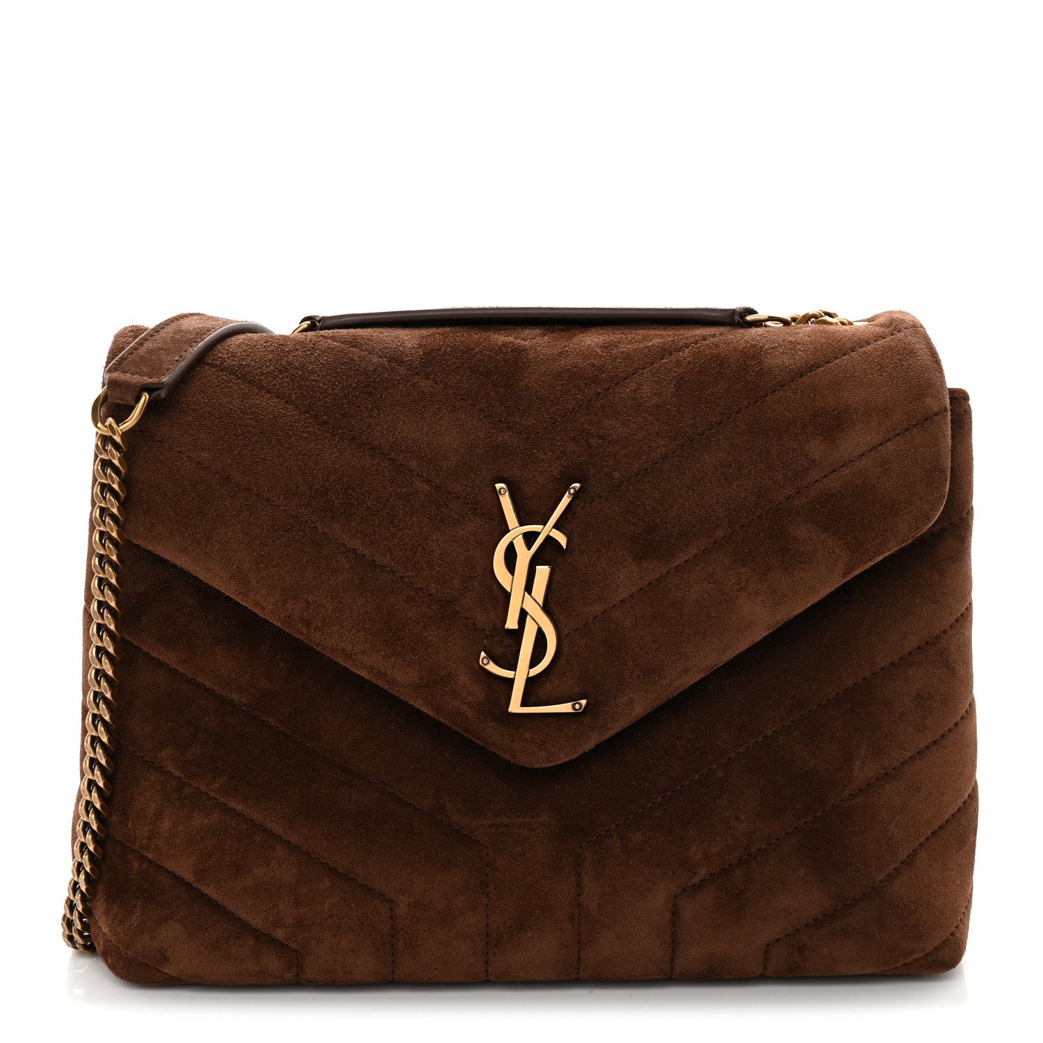 Saint Laurent Suede Calfskin Y Quilted Monogram Small Loulou Chain Satchel Bark Brown
