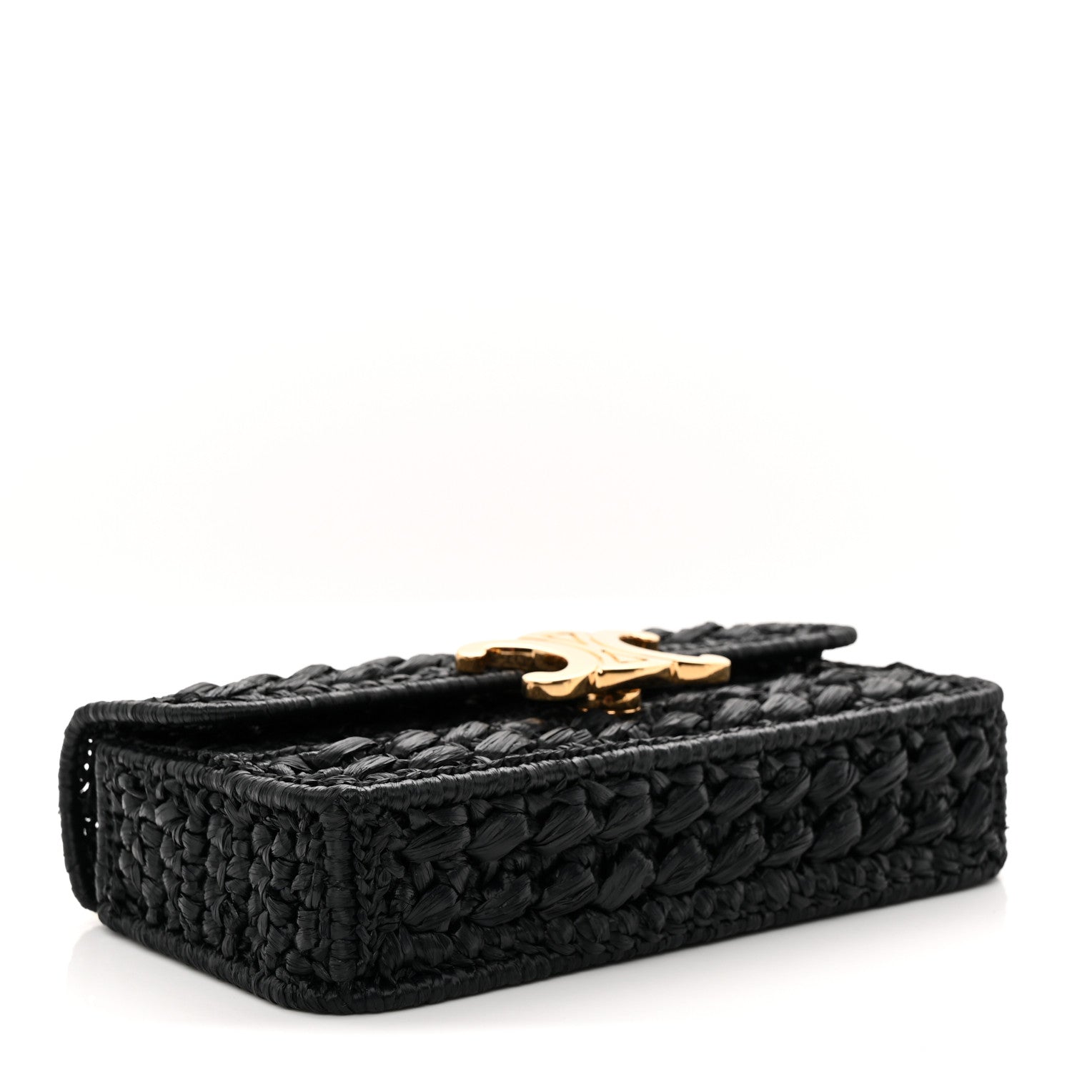 Black raffia-effect shoulder bag with gold clasp detail and woven texture
