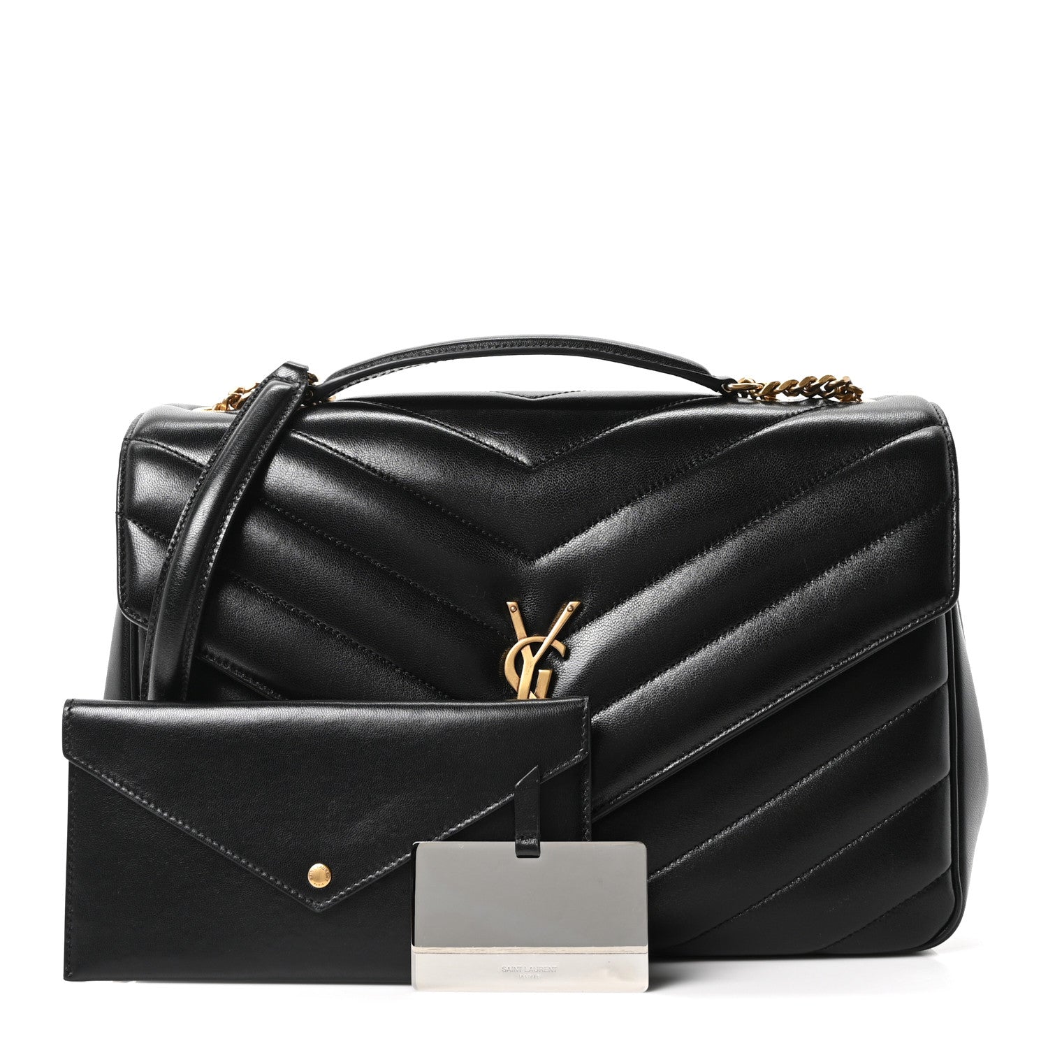 Saint Laurent Lambskin Chevron Quilted Large Loulou Shoulder Bag Black
