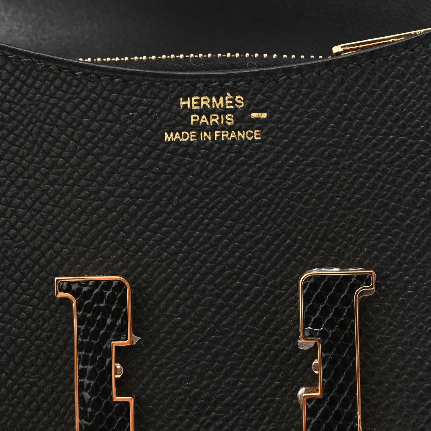 Hermes Paris Made in France stamp with gold H clasp on black leather