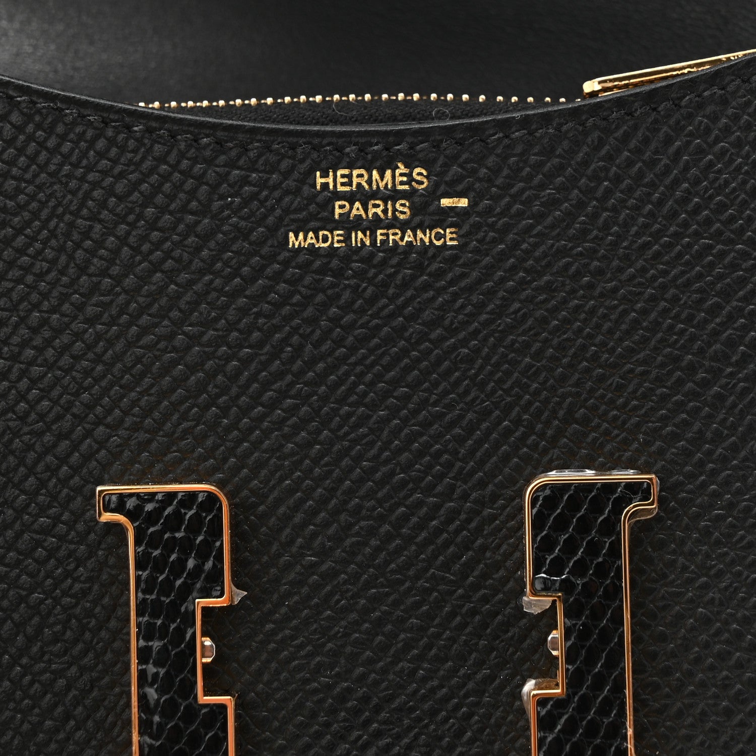 Hermes Paris Made in France stamp with gold H clasp on black leather
