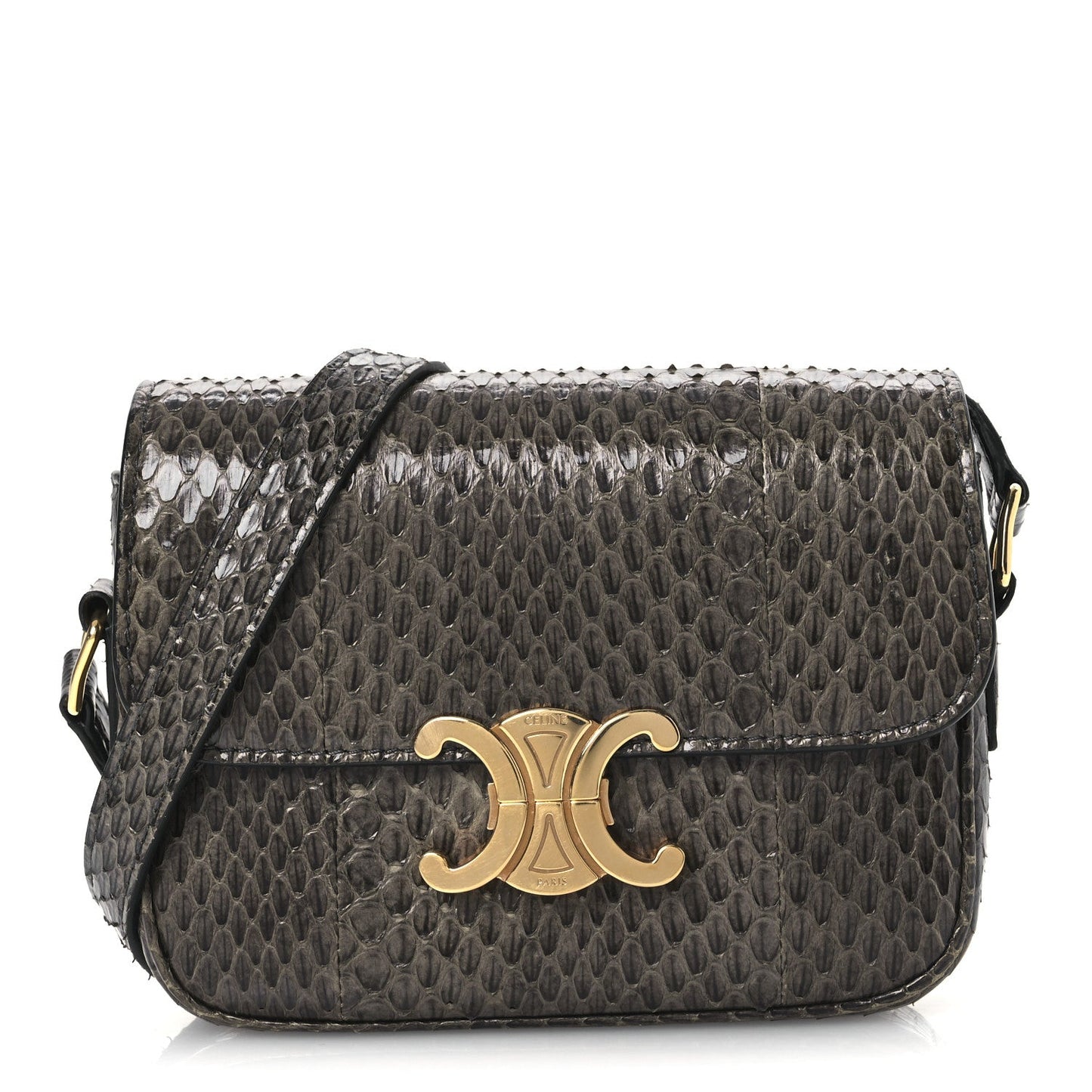 Grey snakeskin shoulder bag with gold-tone C logo and flap closure