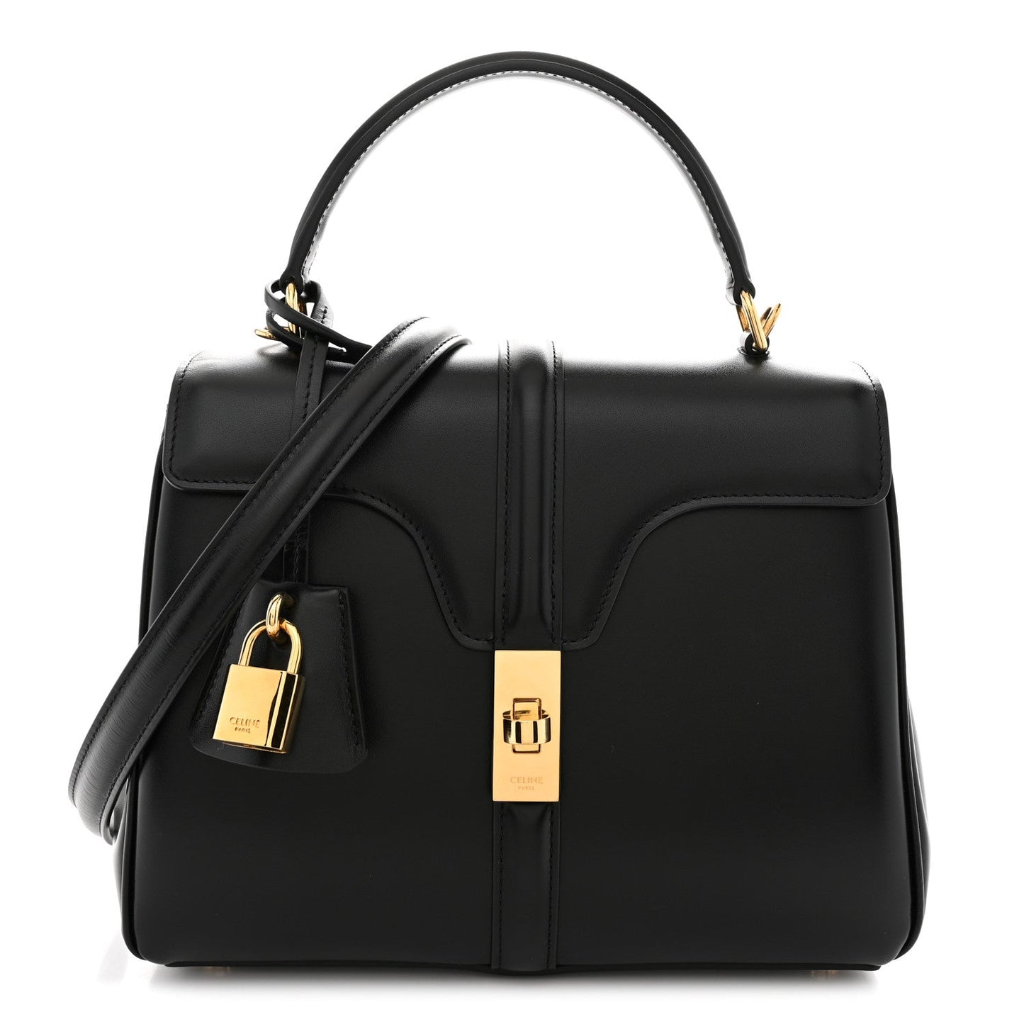 Black satin calfskin small top-handle bag with front flap and gold padlock hardware