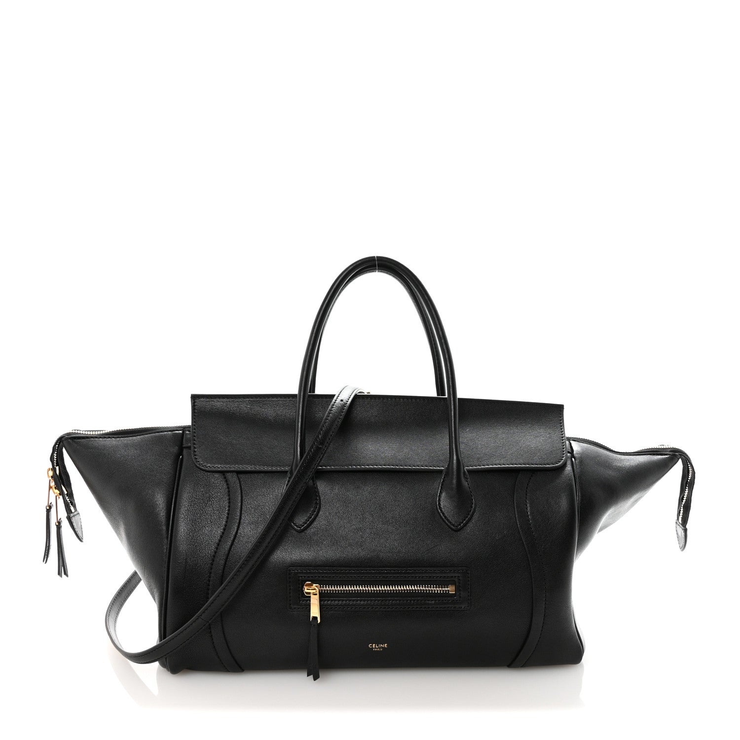 Black leather luggage bag with top handles and front zip pocket.