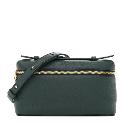 Grained calfskin crossbody pouch in dark petrol green with top zipper and strap.