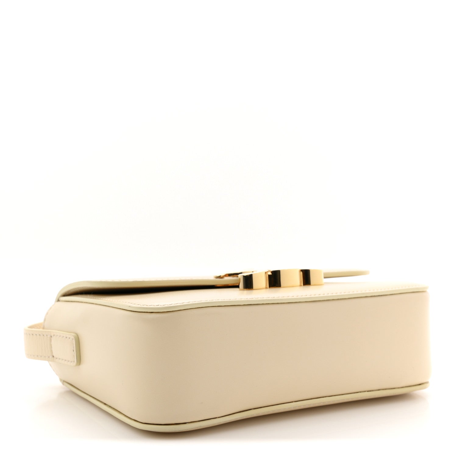 Nude calfskin mini shoulder bag with gold top clasp and structured base