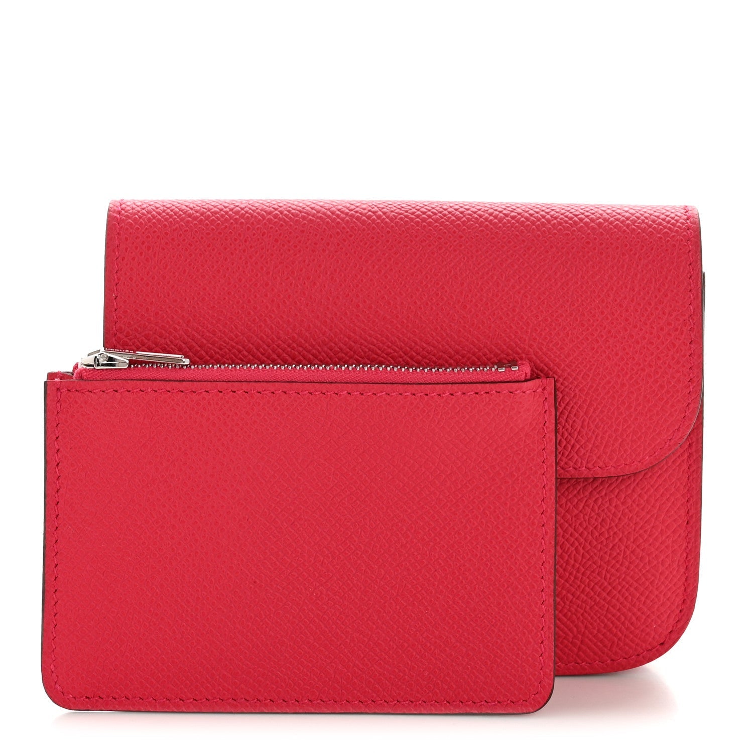 Hermes slim wallet in rose red textured leather with front zip pocket