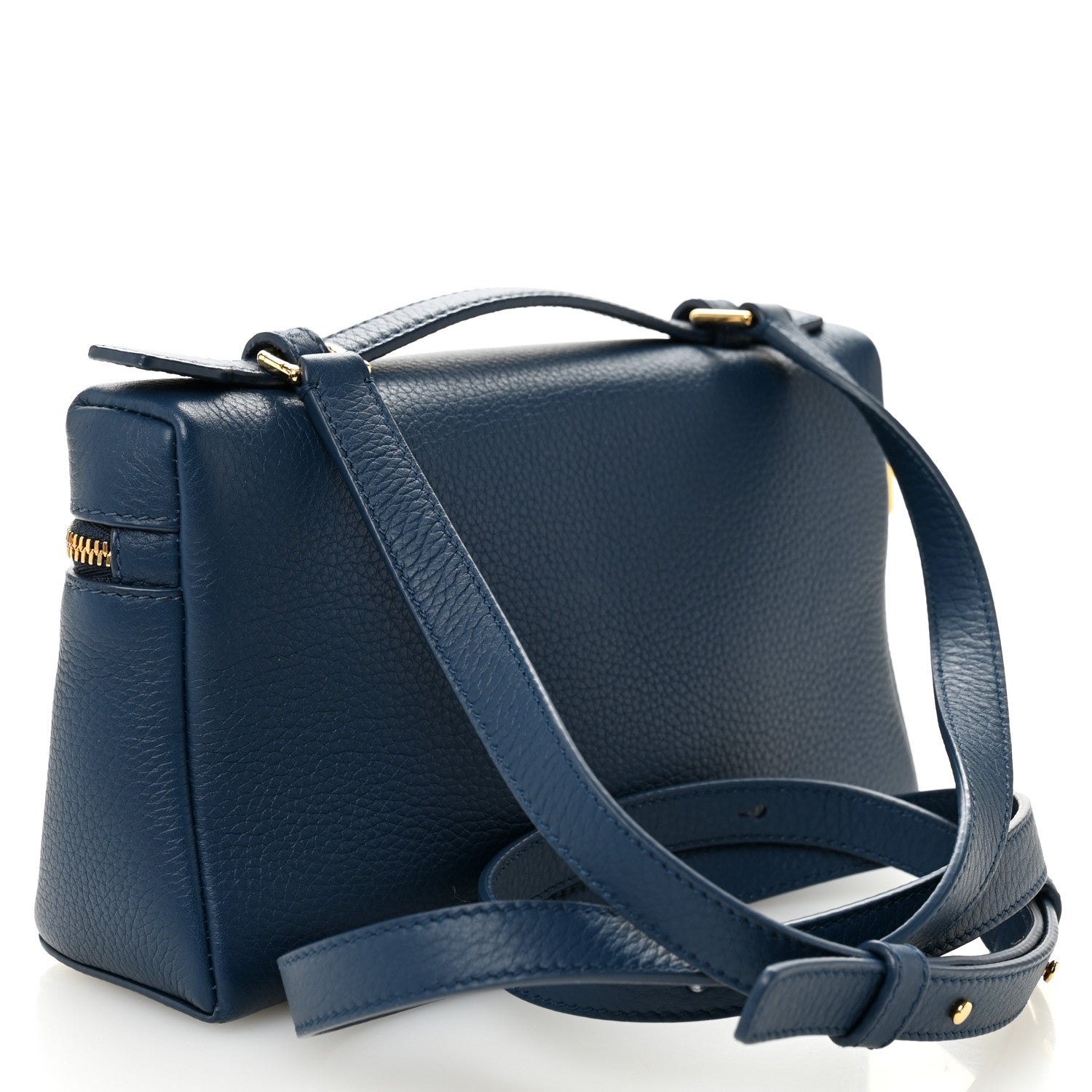 Navy grained calfskin pouch with top handle and crossbody strap