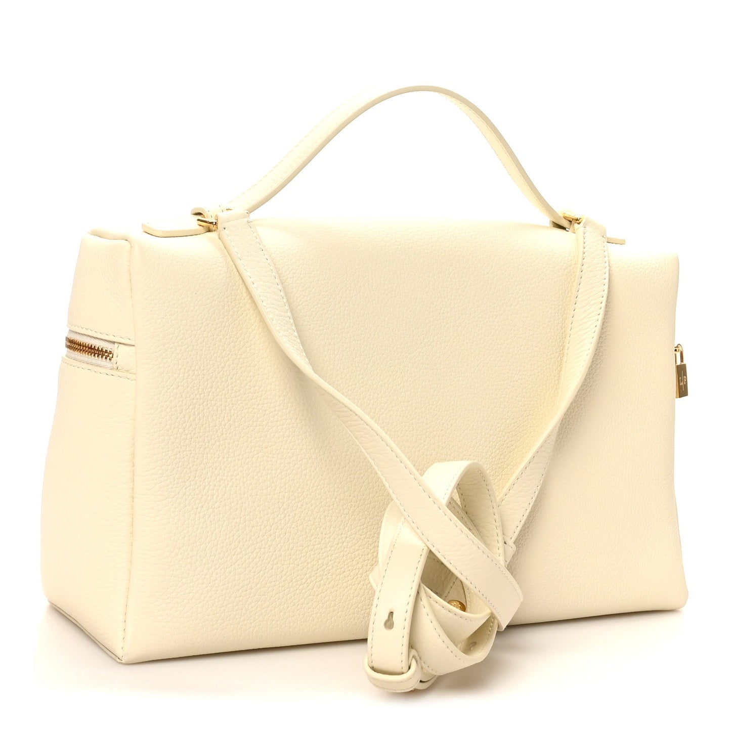Loro Piana grained calfskin extra pocket pouch, whisper white, front view with crossbody strap
