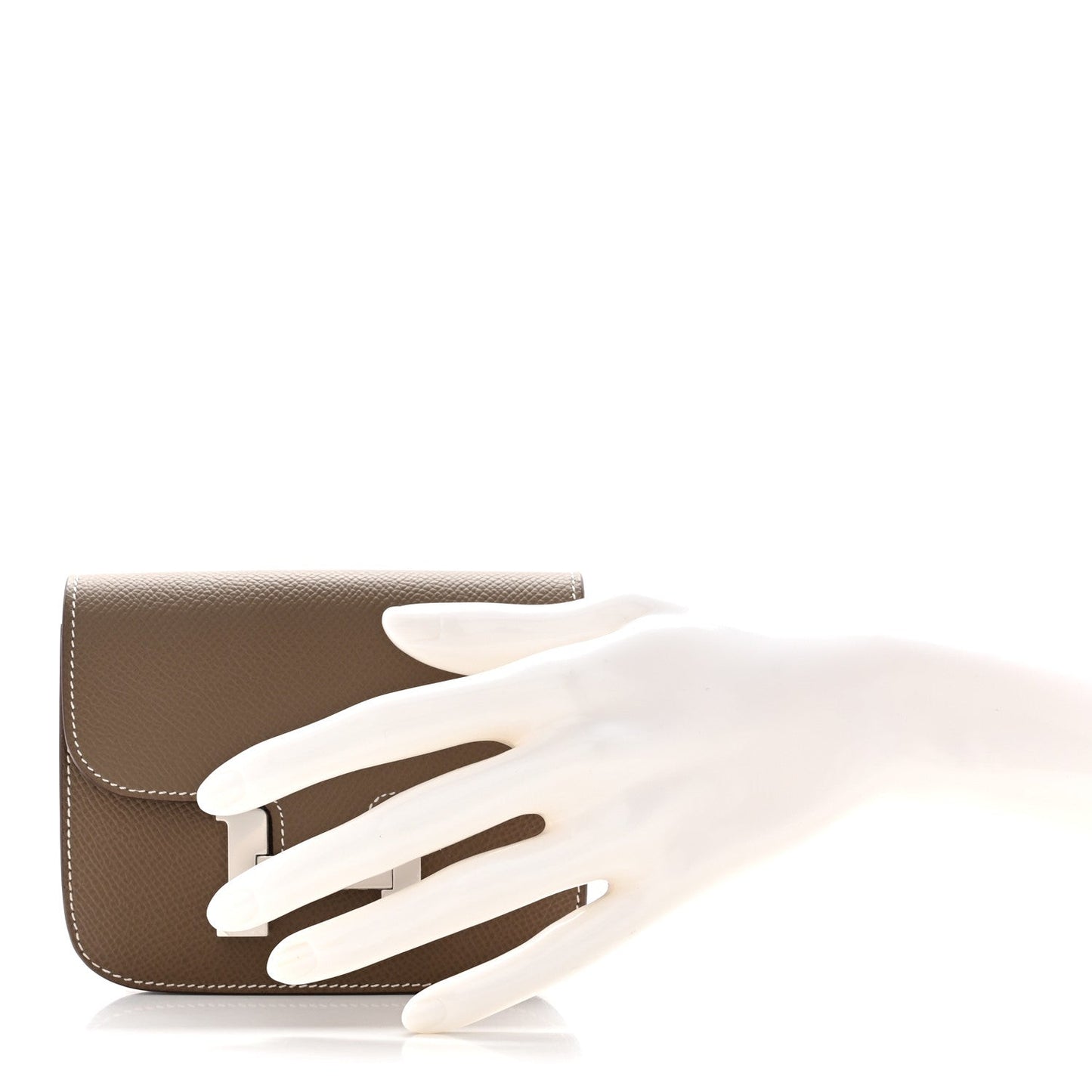 Taupe slim wallet with open front flap and H clasp, white contrast stitching