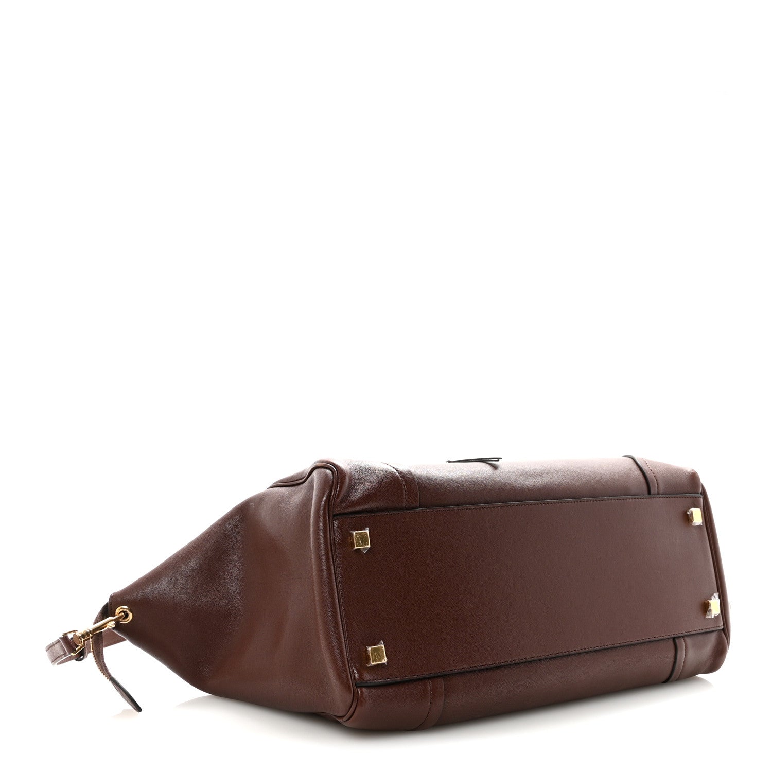 Dark brown lambskin duffel-style handbag with shoulder strap and front clasp details