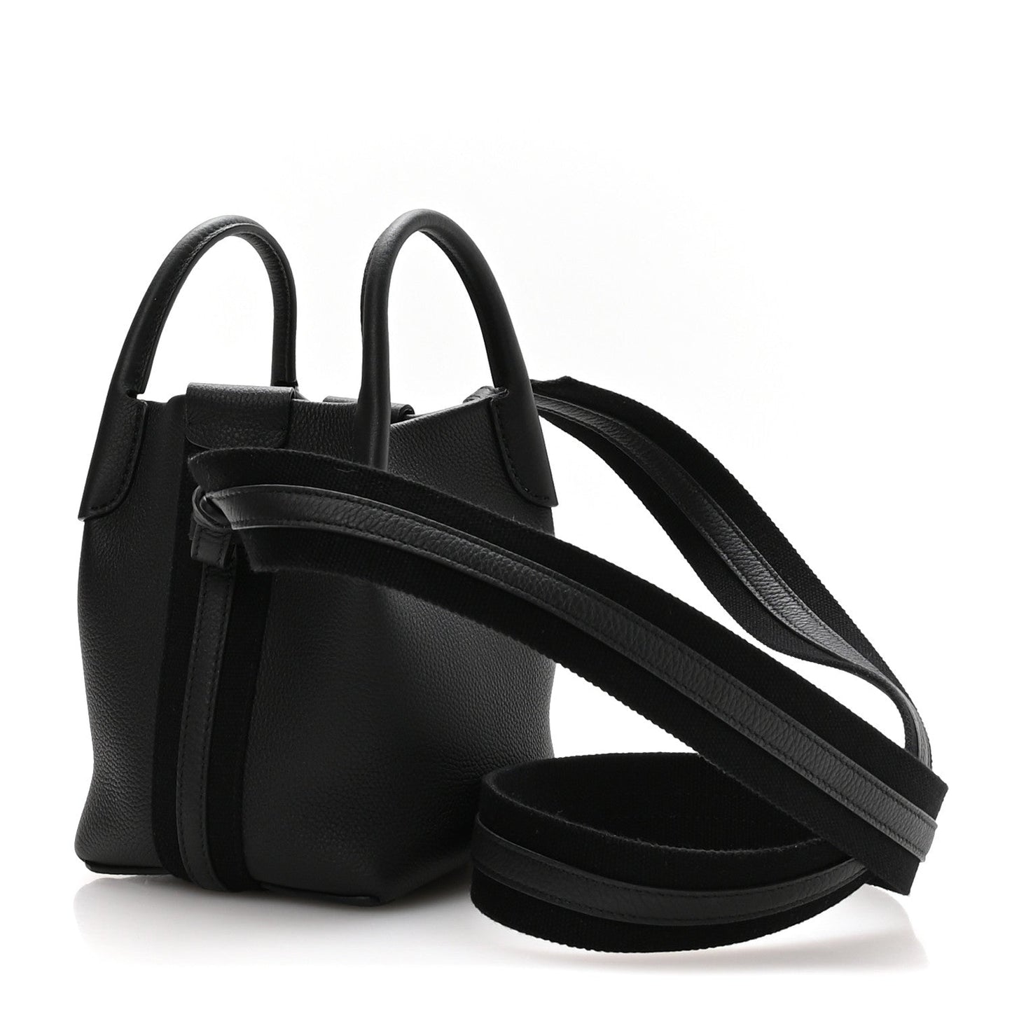 Black grained leather micro bale bag with two top handles and long crossbody strap