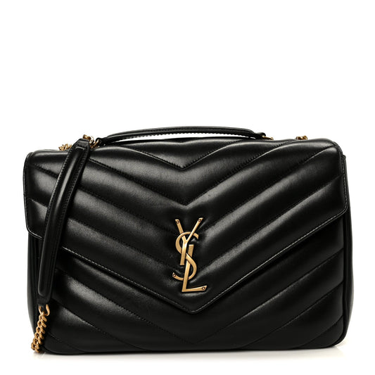 Saint Laurent Lambskin Chevron Quilted Large LouLou Shoulder Bag Black