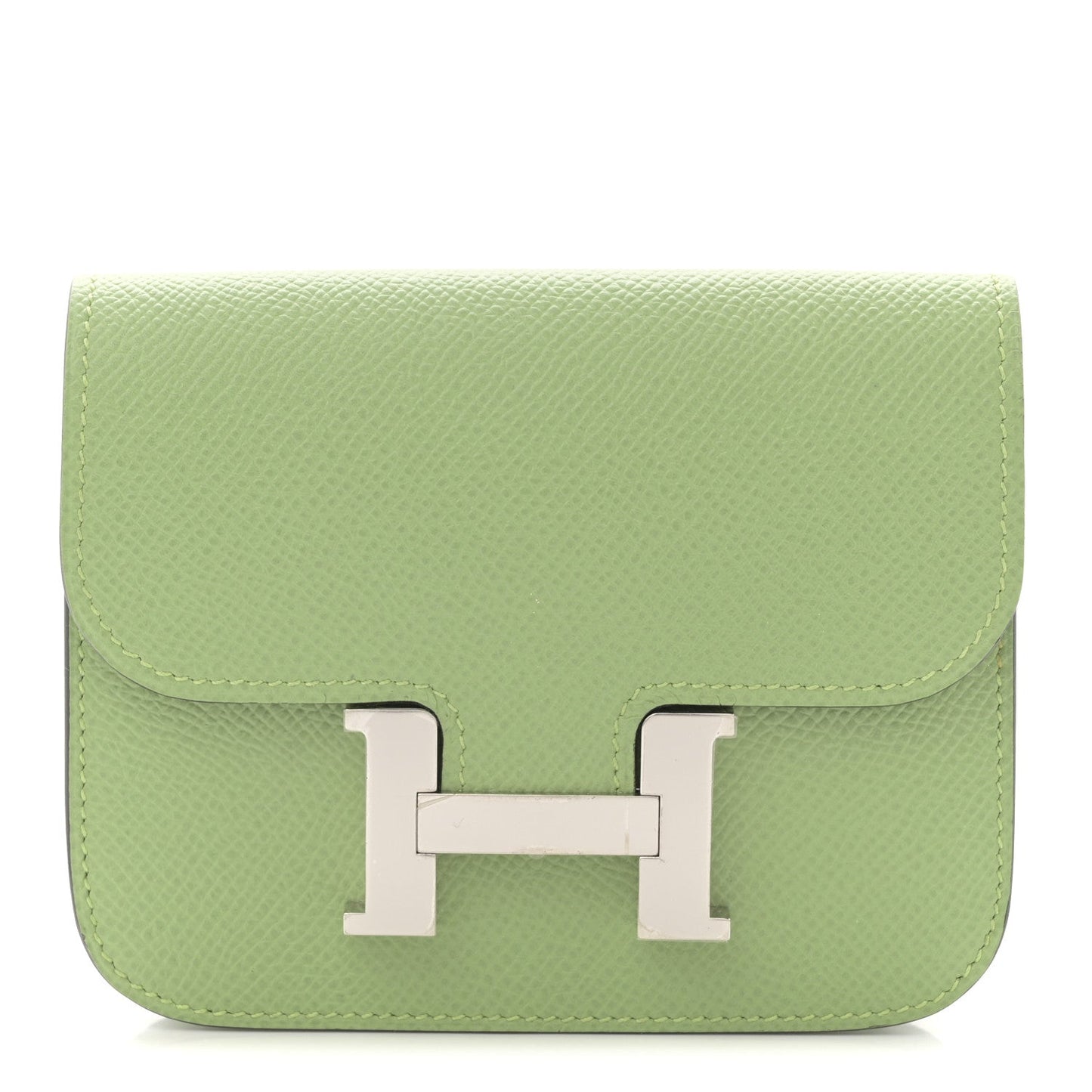 Light green leather slim wallet with front H clasp and top flap
