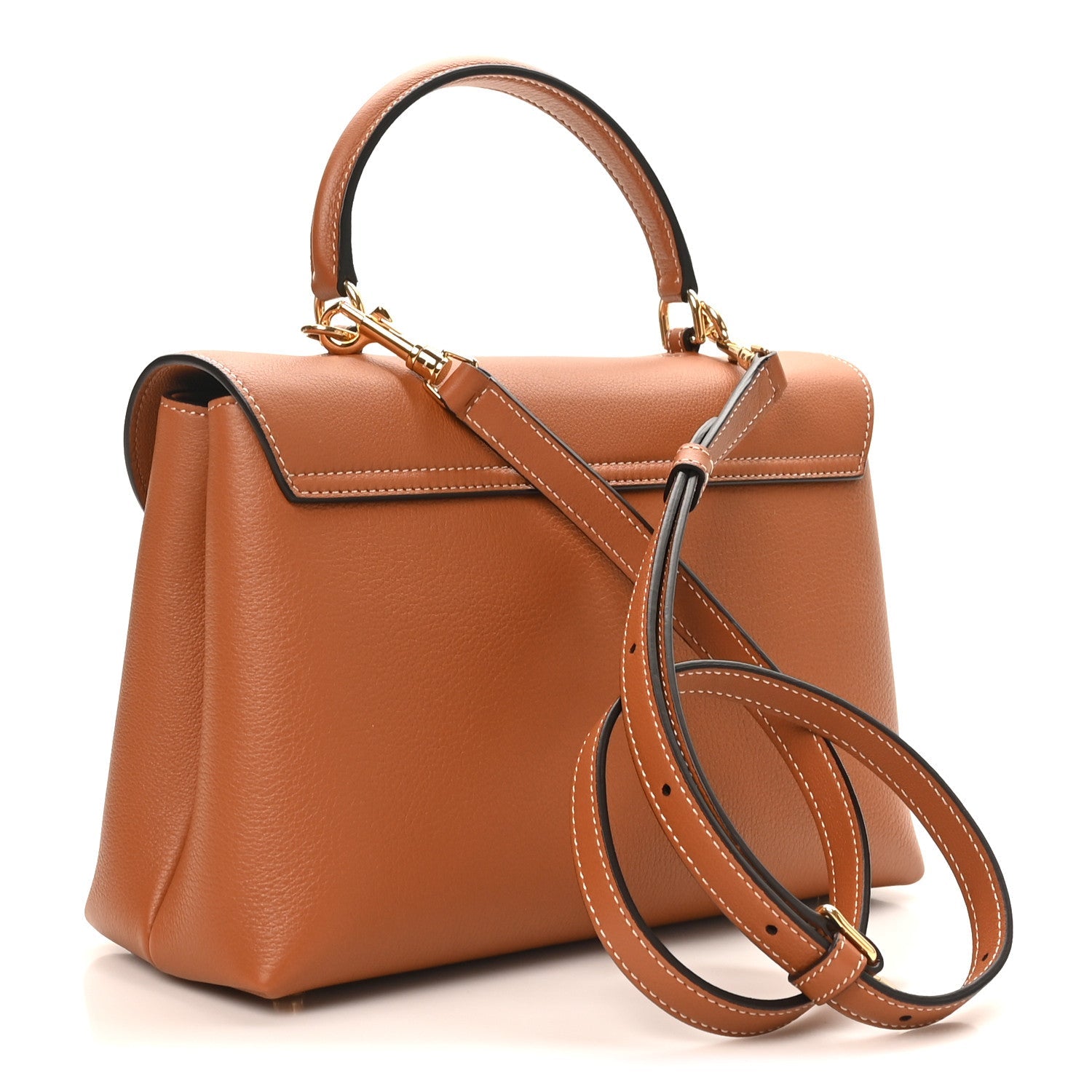 Tan grained leather medium handbag with flap closure, gold hardware, and crossbody strap