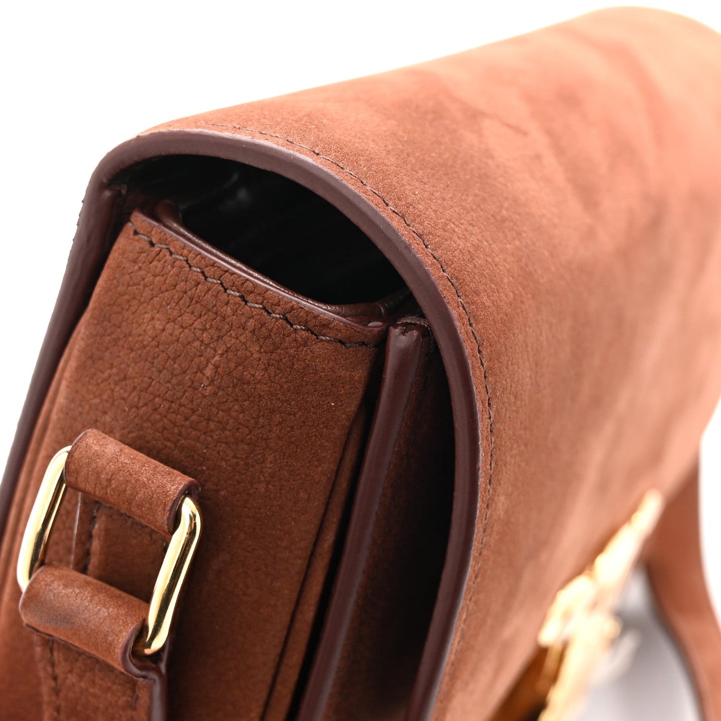 Chestnut nubuck mini shoulder bag showing interior pocket and ring buckle clasp
