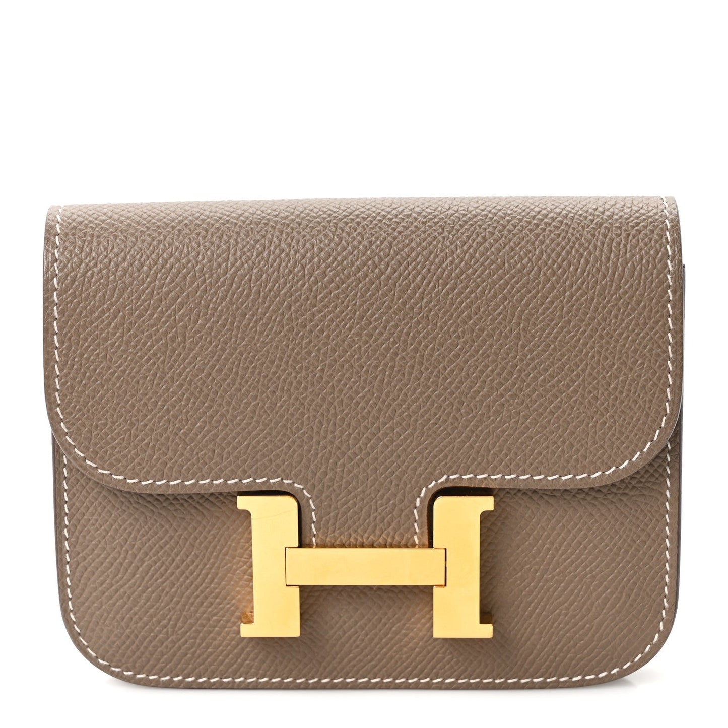 Front flap Hermes Constance slim wallet, etoupe textured leather, gold H clasp