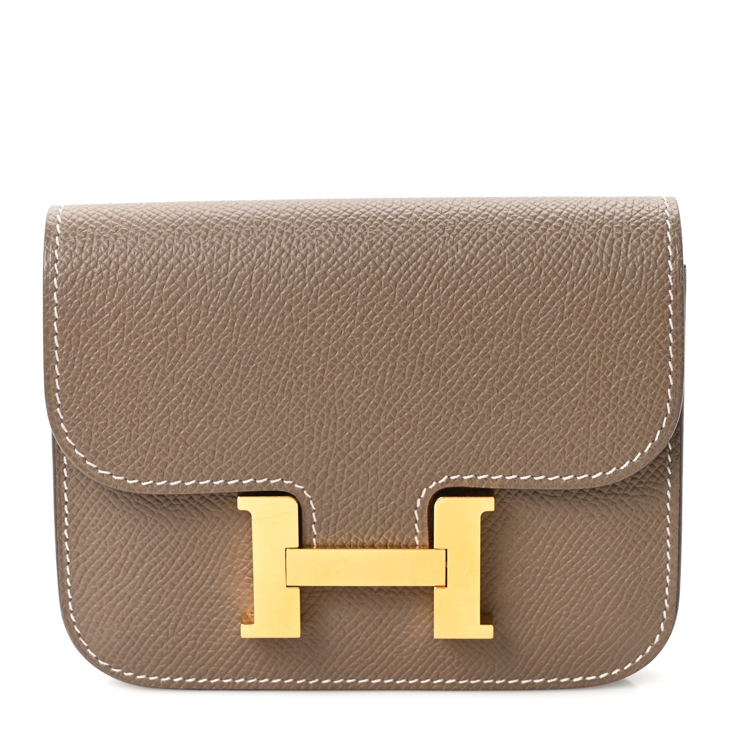 Front flap Hermes Constance slim wallet, etoupe textured leather, gold H clasp
