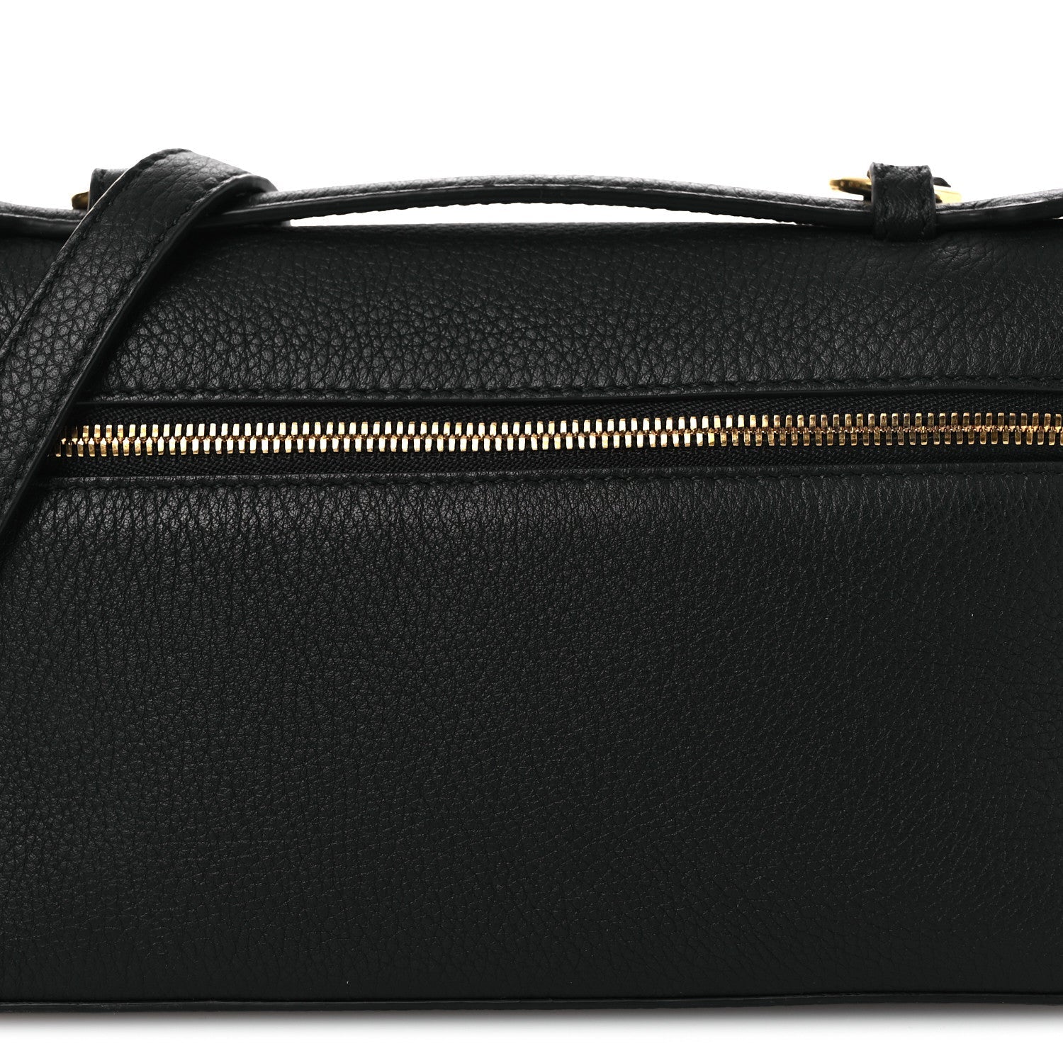 Black grained calfskin pouch with gold-tone zipper and leather top handle