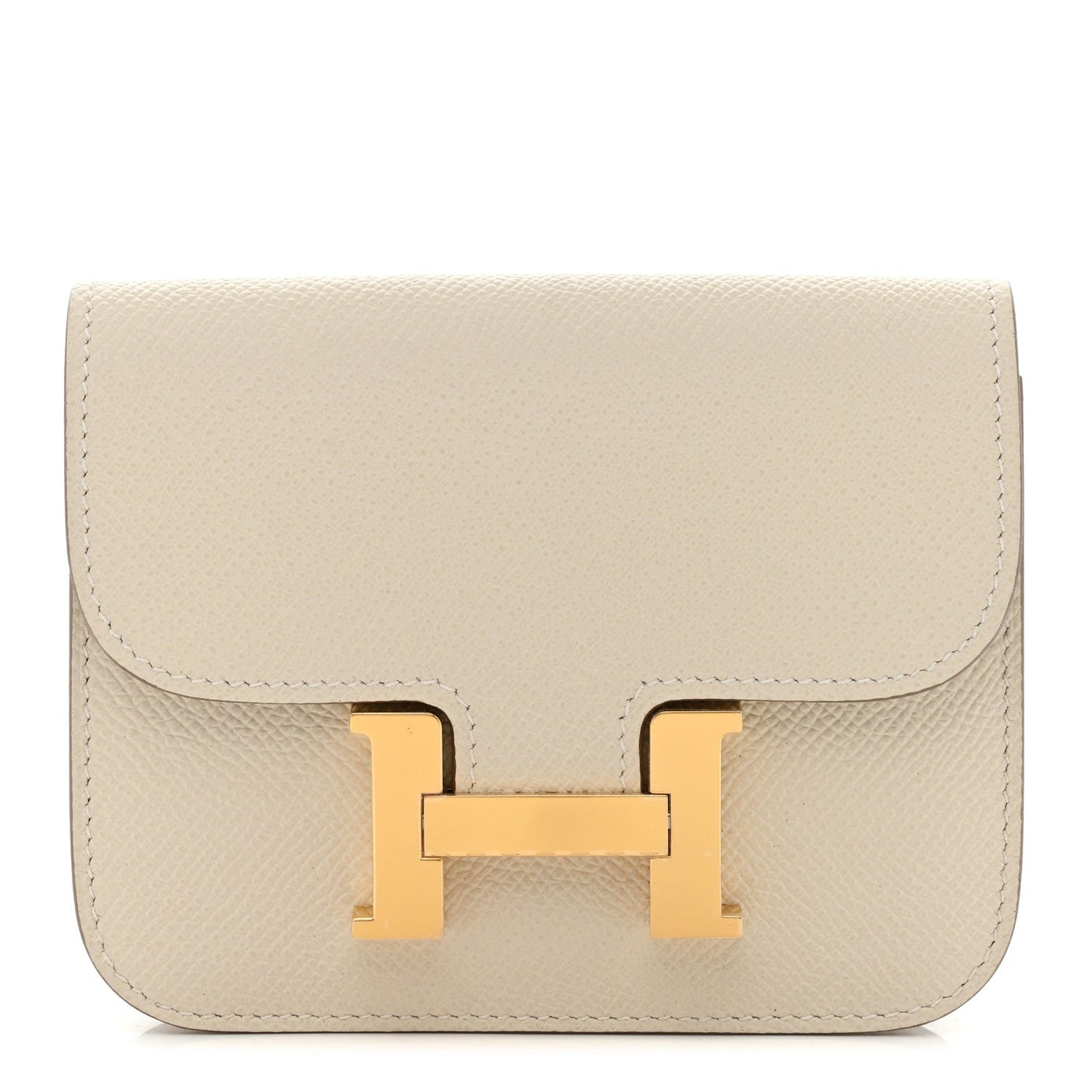 Slim wallet with flap and gold H clasp, light cream textured leather
