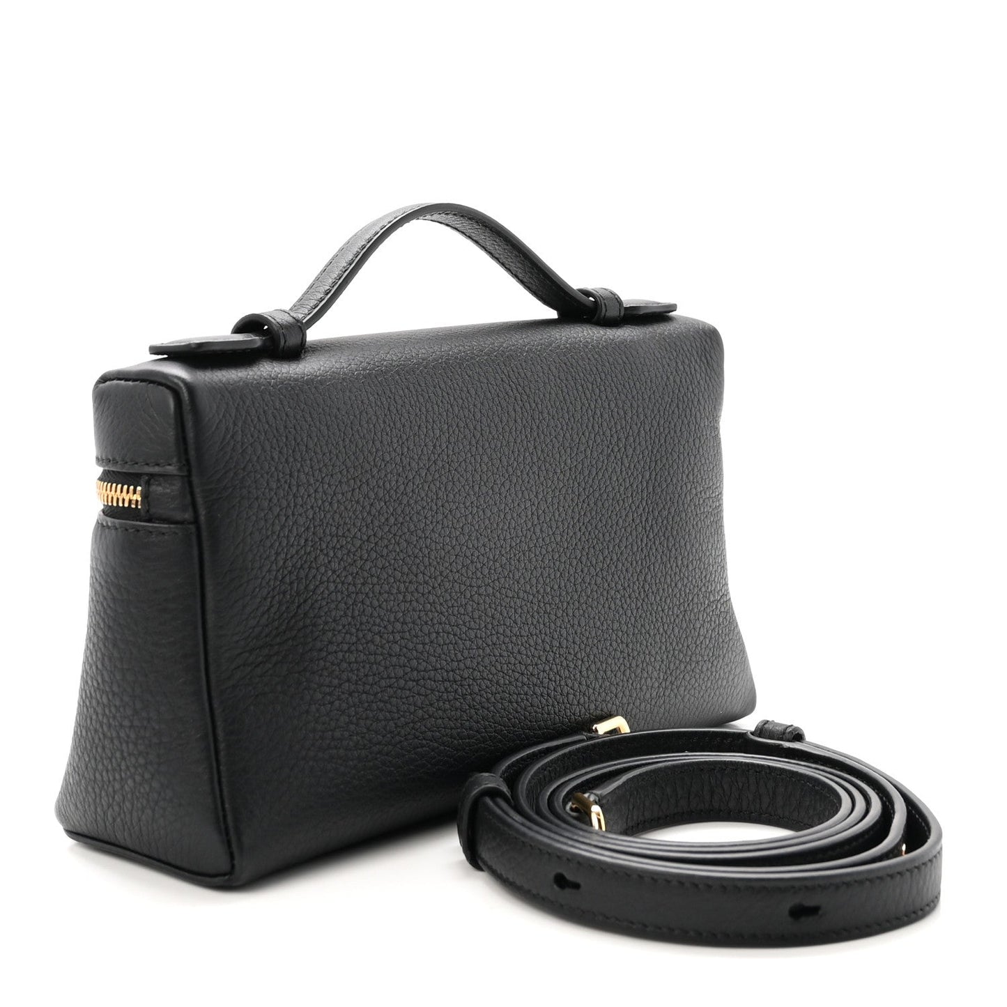 Loro Piana grained calfskin pouch, black, with top handle and crossbody strap