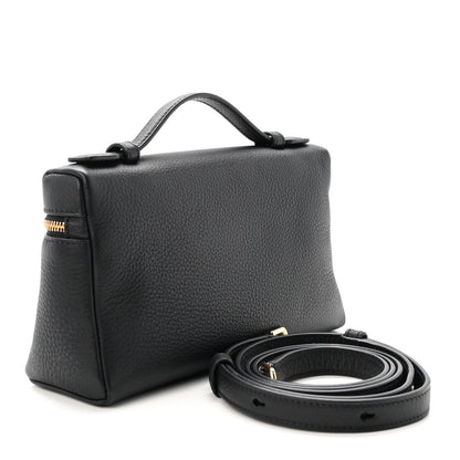 Loro Piana grained calfskin pouch, black, with top handle and crossbody strap