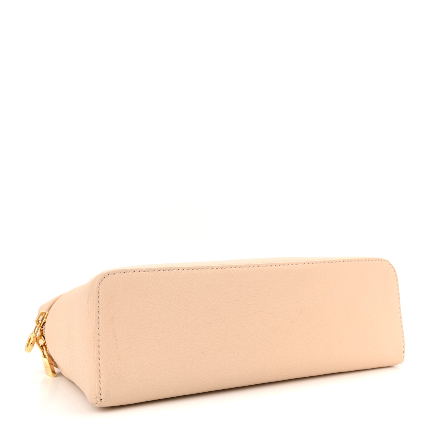 Cream leather pouch with gold zip detail, horizontal side profile