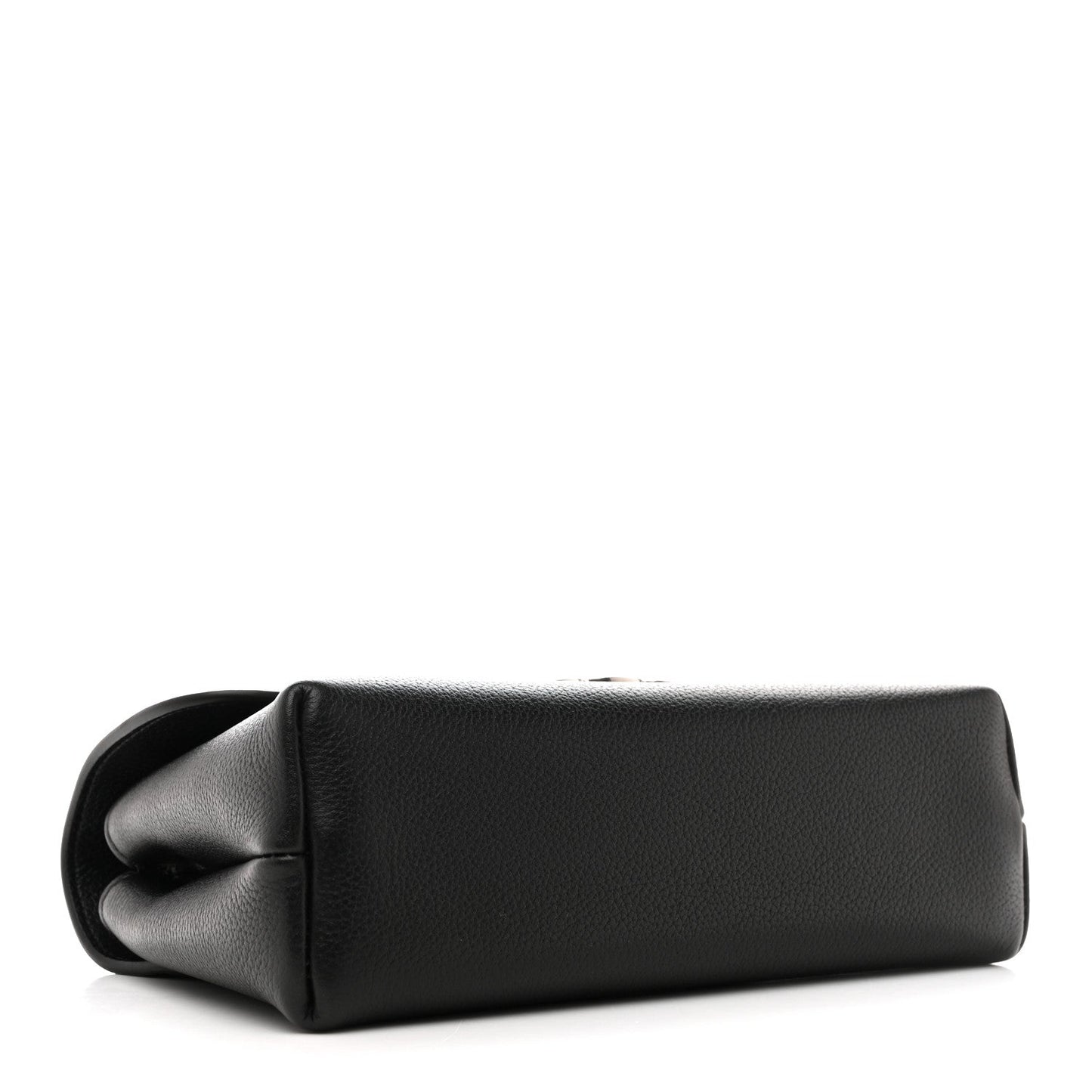 Black leather shoulder bag with rounded base and gathered flap detail