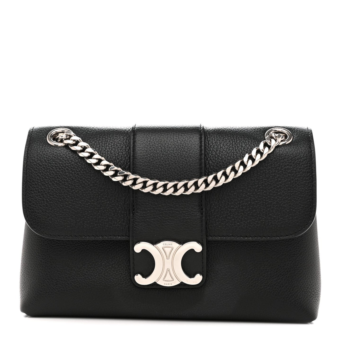 Black leather shoulder bag with chain strap and silver C logo clasp