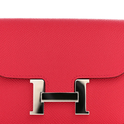 Hermes slim wallet rose red textured leather with silver H clasp hardware
