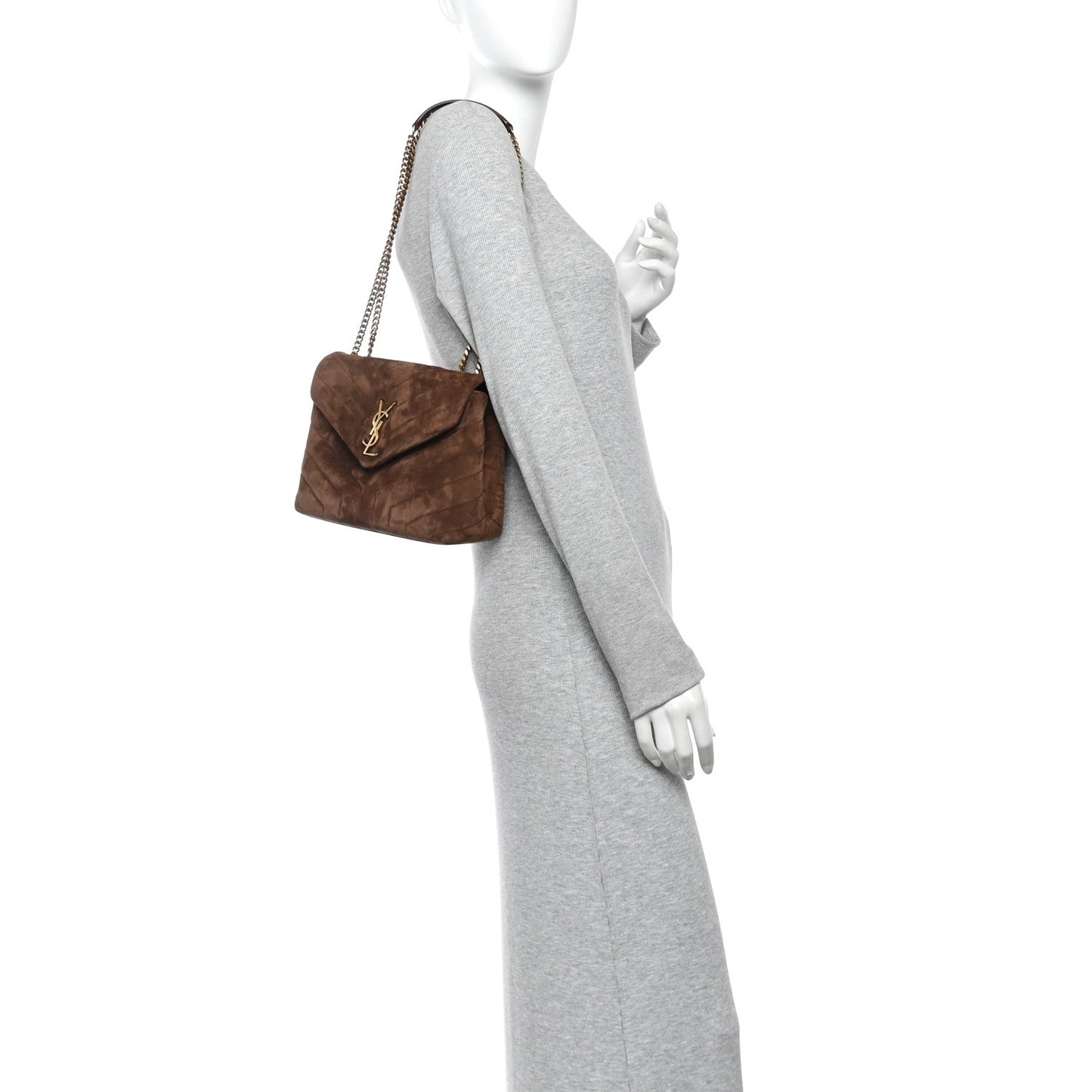 Saint Laurent Suede Calfskin Y Quilted Monogram Small Loulou Chain Satchel Bark Brown