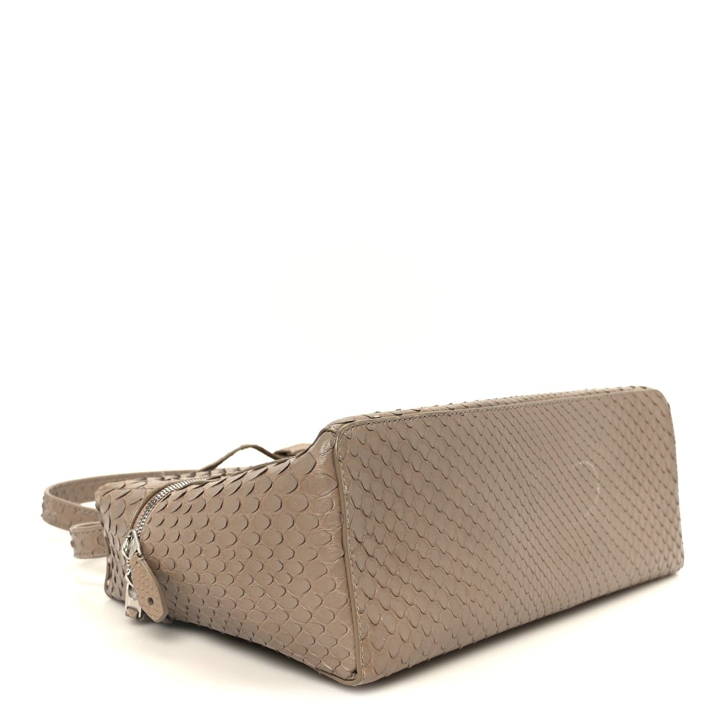 Matte snakeskin handbag with strap, taupe/grey tone, side and front corner view