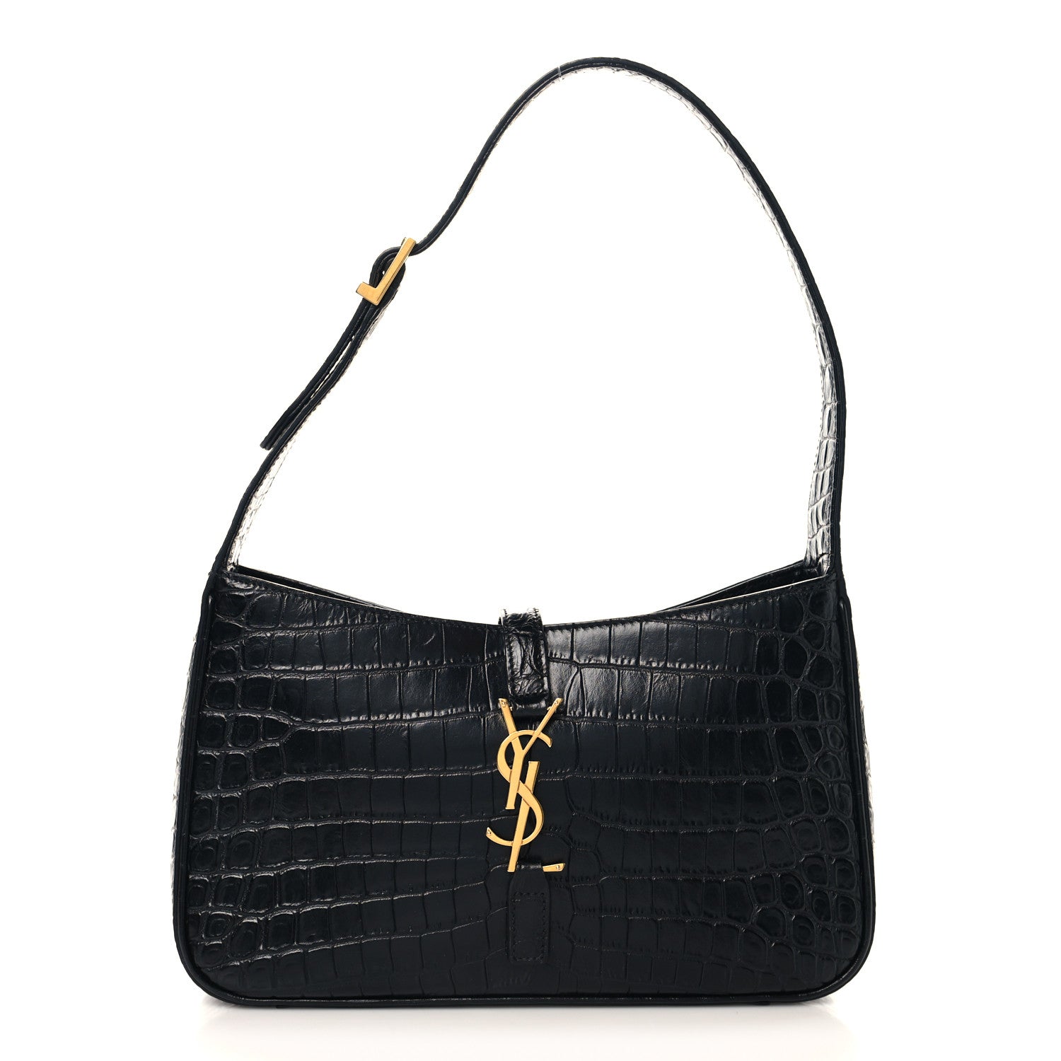 SAINT LAURENT Calfskin Crocodile Embossed Le 5 A 7 Hobo Shoulder Bag Black