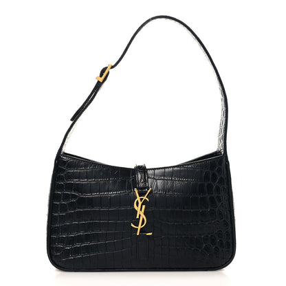 SAINT LAURENT Calfskin Crocodile Embossed Le 5 A 7 Hobo Shoulder Bag Black