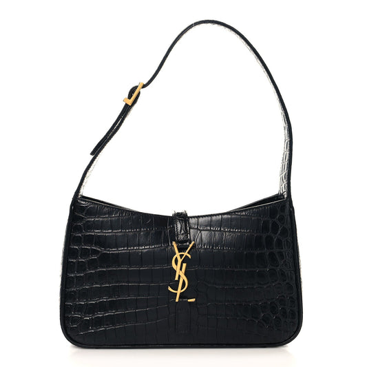 SAINT LAURENT Calfskin Crocodile Embossed Le 5 A 7 Hobo Shoulder Bag Black