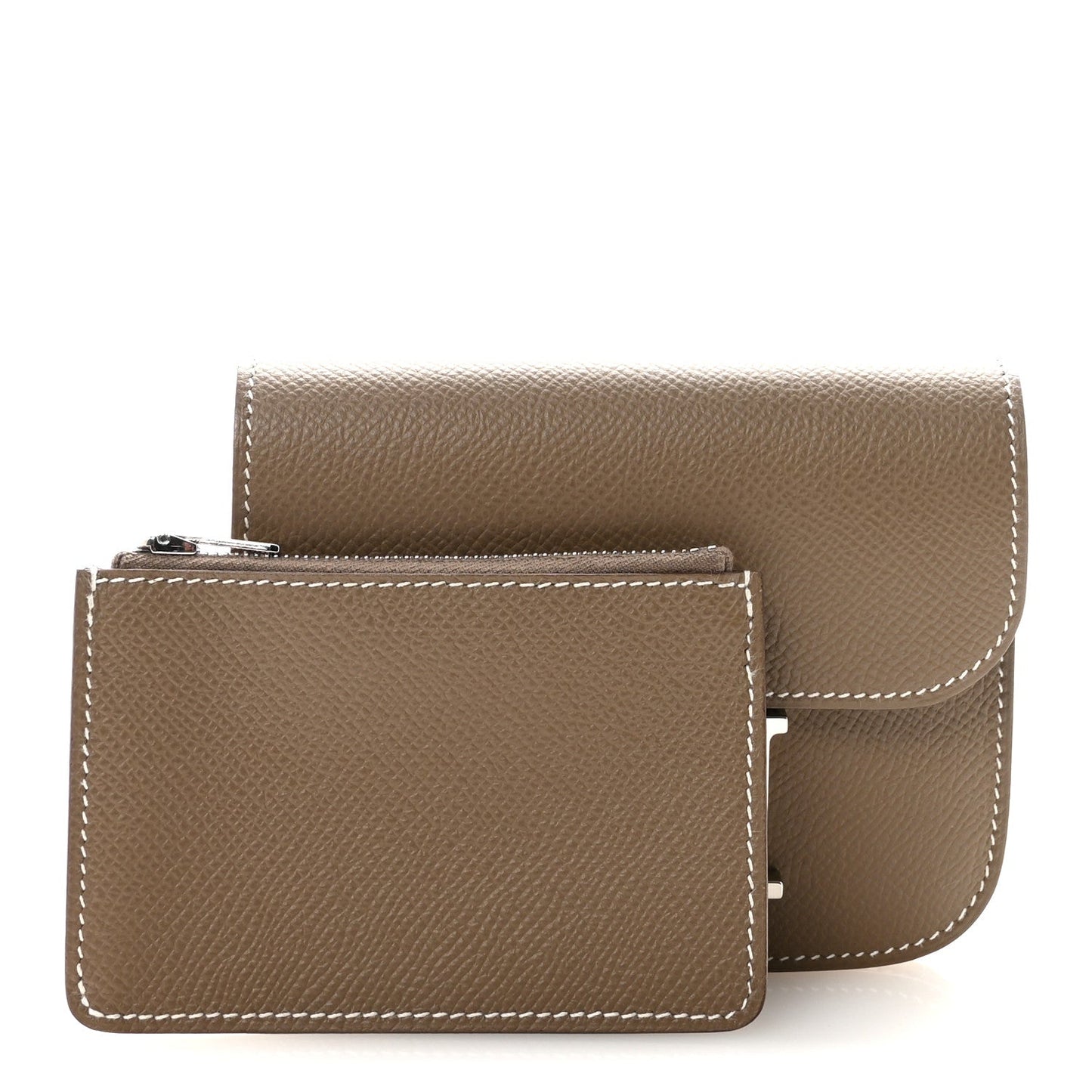 Hermes Constance slim wallet with flap open, textured brown leather and contrast stitching