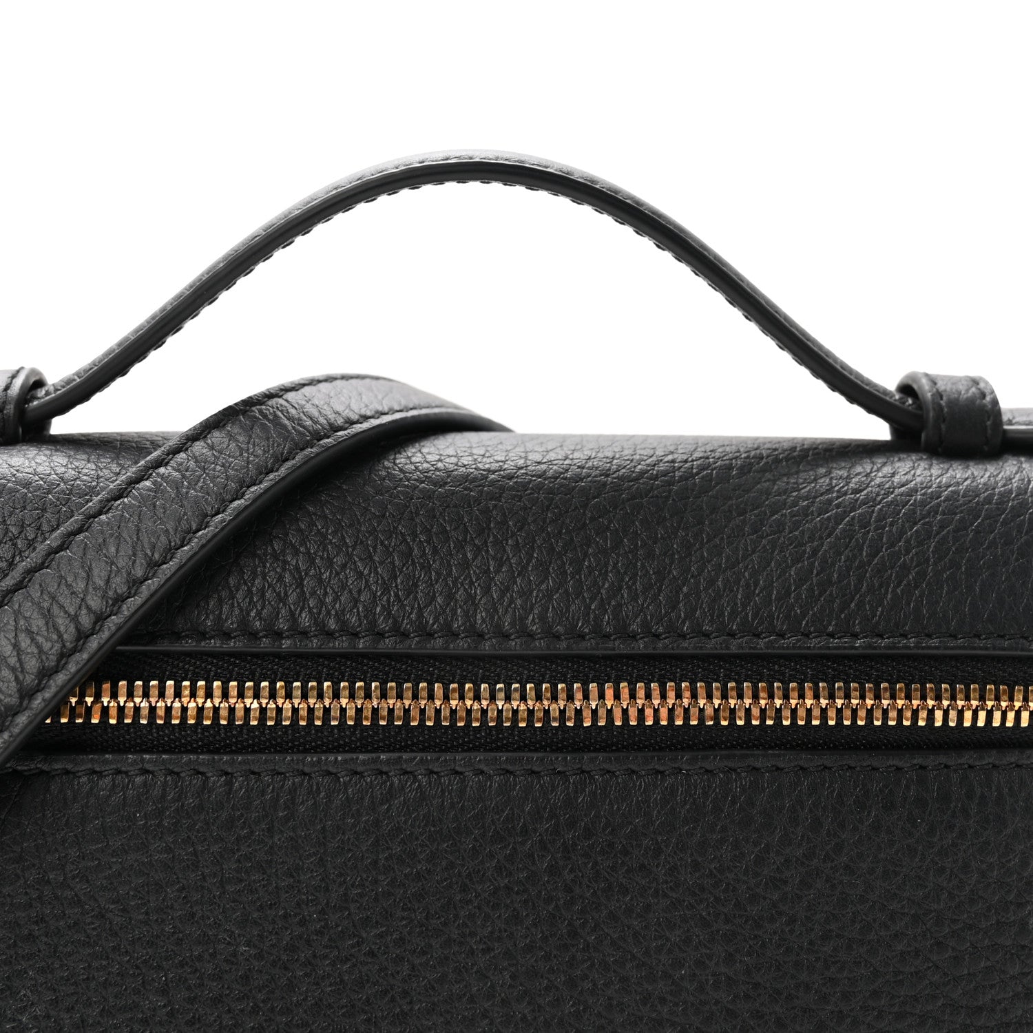 Loro Piana pouch top edge with black handle and gold-tone zipper