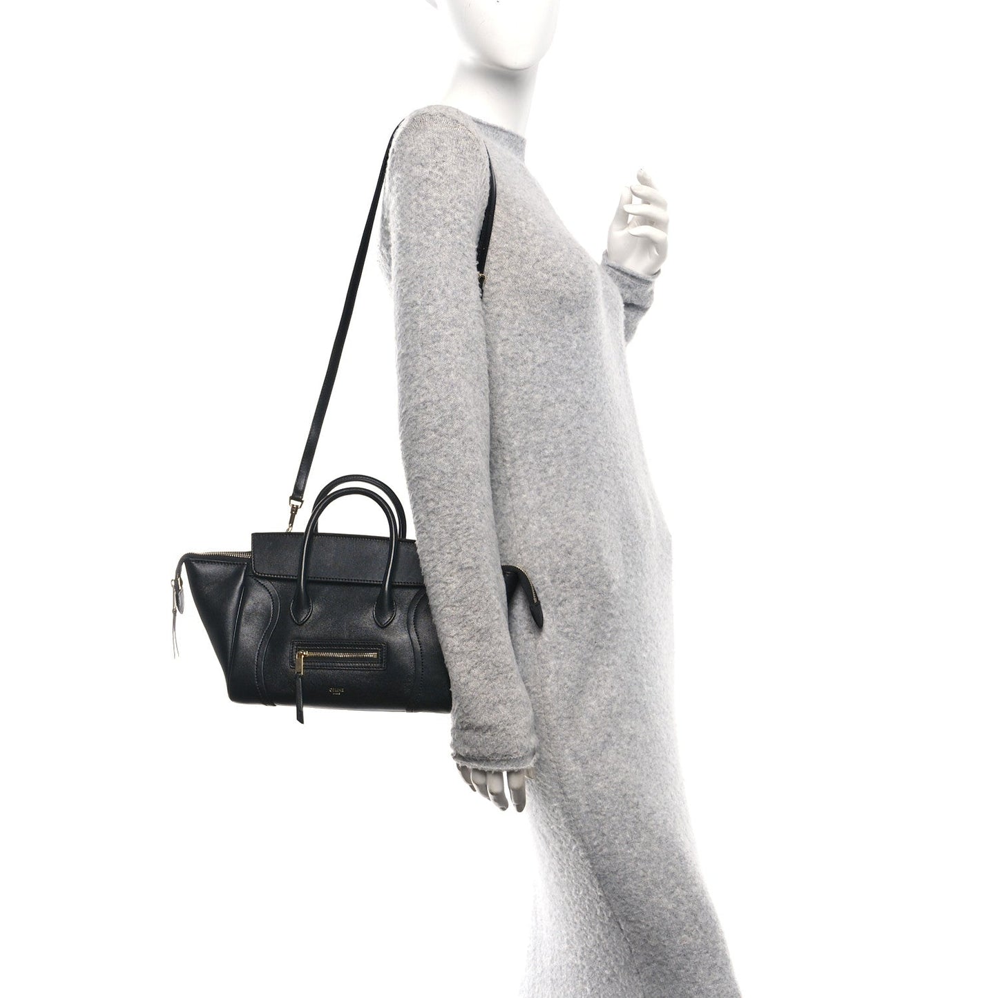 Celine black leather mini tote worn crossbody with adjustable strap