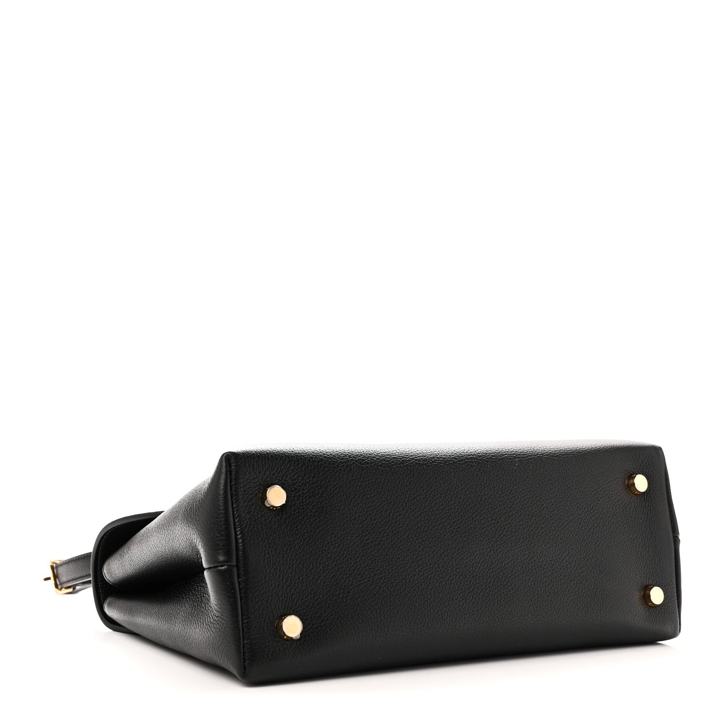 Black leather handbag bottom corner with gold studs and attached strap loop
