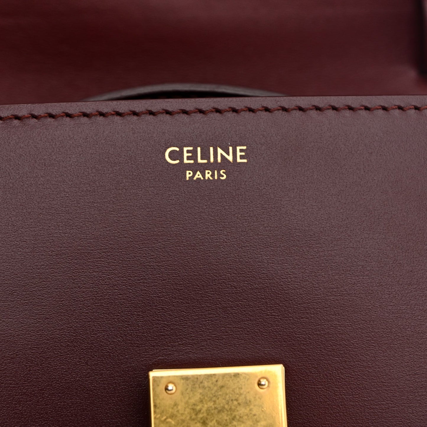 Burgundy leather back panel with stitched edge and gold-tone clasp plate detail.