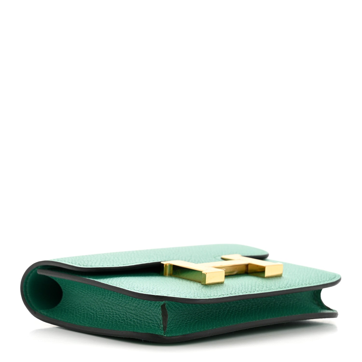 Green leather slim wallet with gold front clasp and curved edge profile