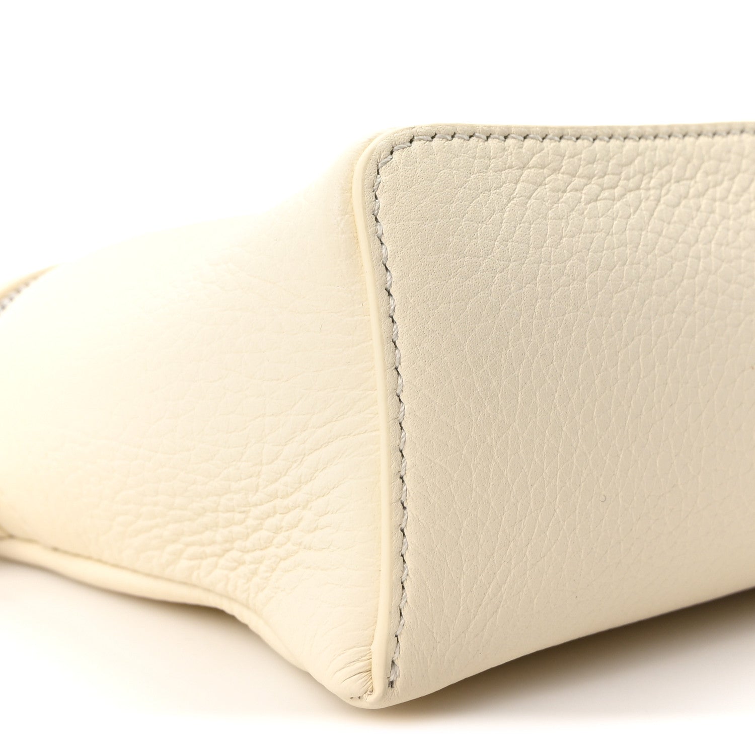 Loro Piana grained calfskin pouch corner with stitched edge and structured base