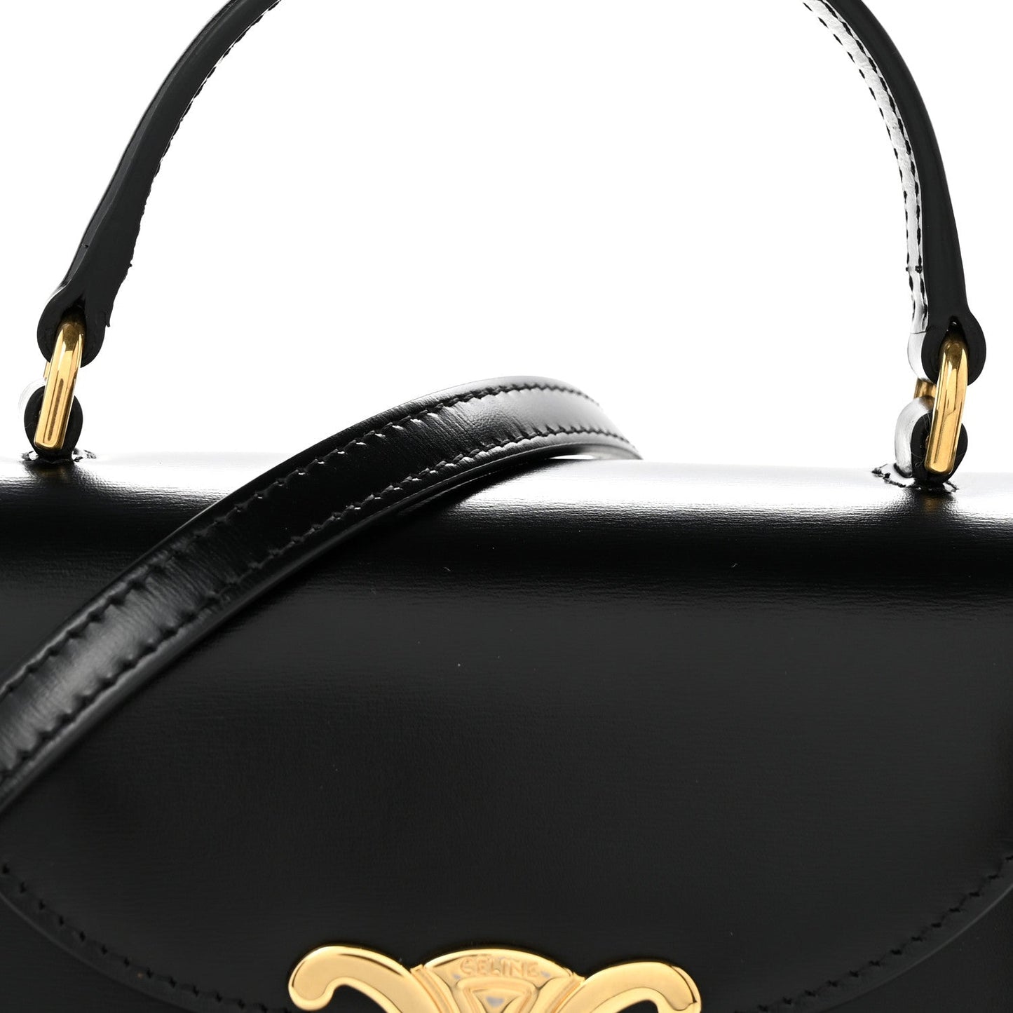 Black shiny mini crossbody bag with Triomphe logo front and gold-tone top hardware