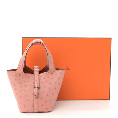 Ostrich Leather Micro Picotin Lock Bucket Bag Terre Cuite