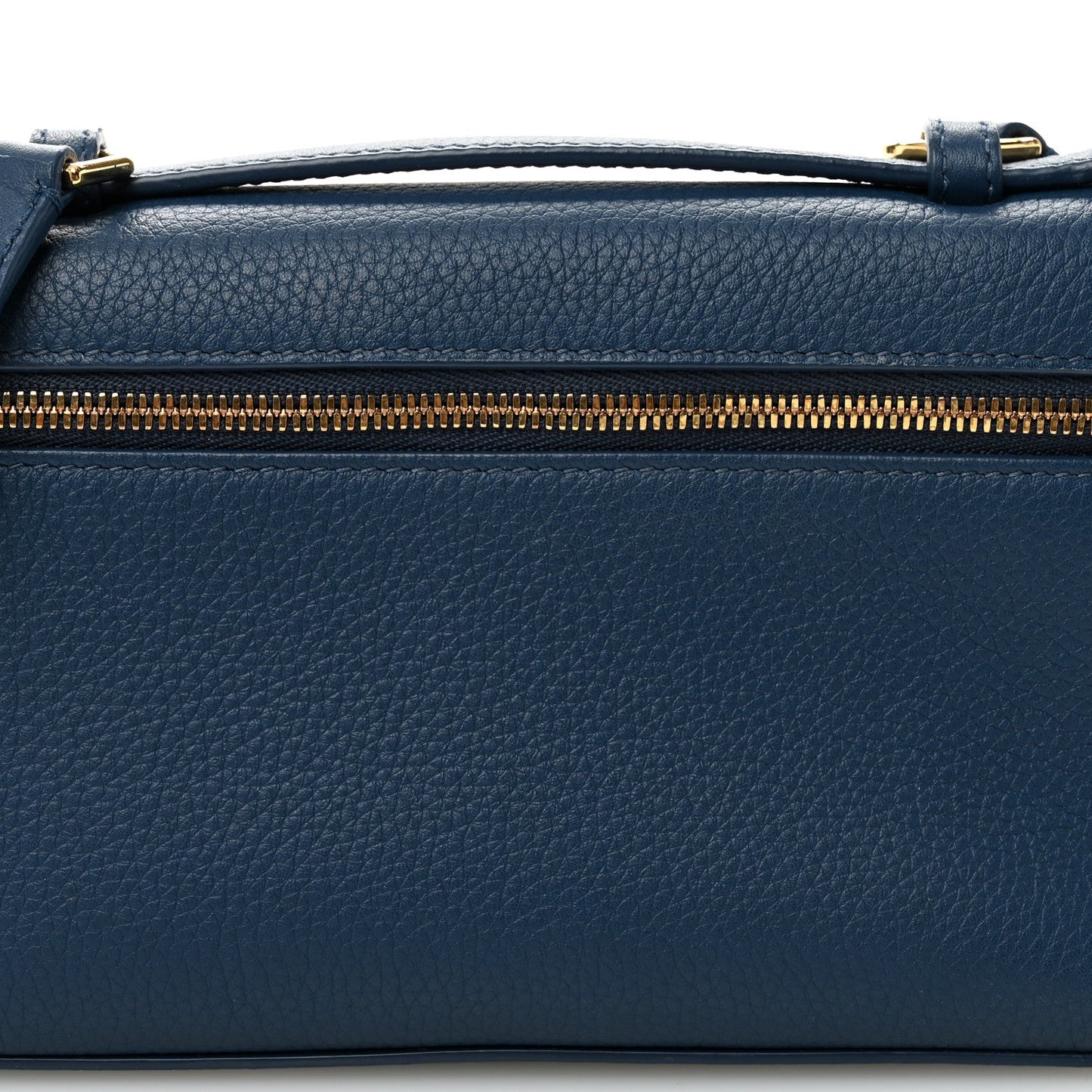 Navy grained calfskin pouch top with gold zipper and metal clasps